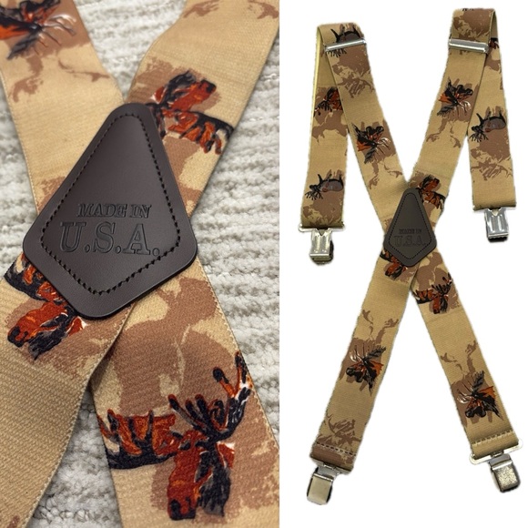 Moose Head Print Cross Back Suspenders with Metal Alligator Clips Made in USA - Picture 1 of 8